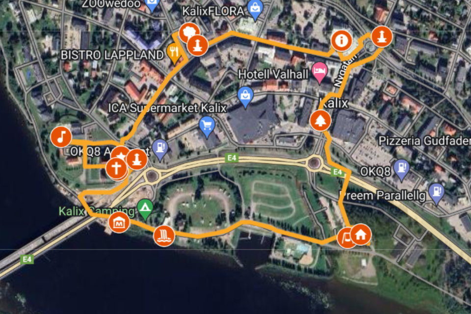 En vybild av goolemaps över centrala Kalix. Ett orange streck som visar en rundtur i centrala Kalix.