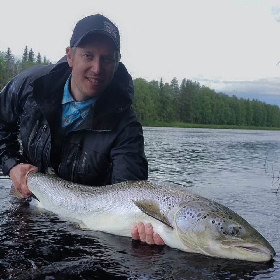 En man står i vattnet och håller i en stor laxfisk.